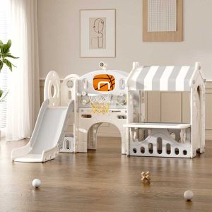 Детски център за игра с пързалка, къща и баскетболен кош, сив