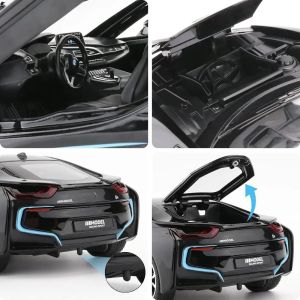 Метален автомобил BMW i8 1:24, Черен, Звук и светлини, Без опаковка