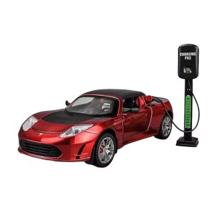 Метална кола Tesla Roadster 1:24 с зарядна станция, червена