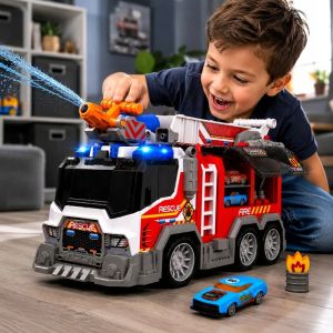 Детска пожарна, играчка с вода, светлини, звук и 2 колички