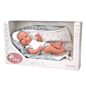 Кукла-бебе Бория с блестящо сиво одеялце и биберон - 38 см