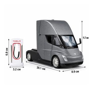 Метален камион Tesla Semi, със зарядна станция, 1:24 – сив
