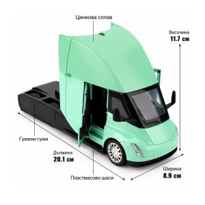 Метален камион Tesla Semi 1:24 със зарядна станция – зелен