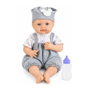 Кукла бебе със сив гащеризон, шапка и шише, 40 см